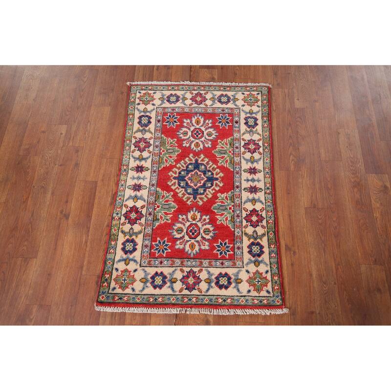 Kazak Oriental Accent Rug Hand-Knotted Geometric Red Wool Carpet - 2'0" x 3'0"