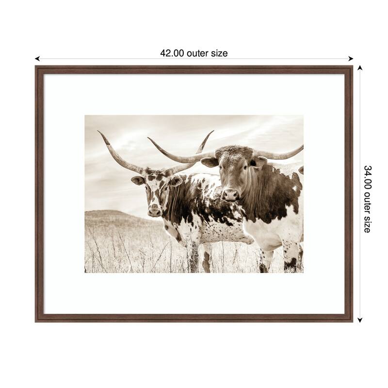 Kate and Laurel Sepia Texas Longhorn Cattle in Pasture by The Creative Bunch Studio Framed Wall Art Print