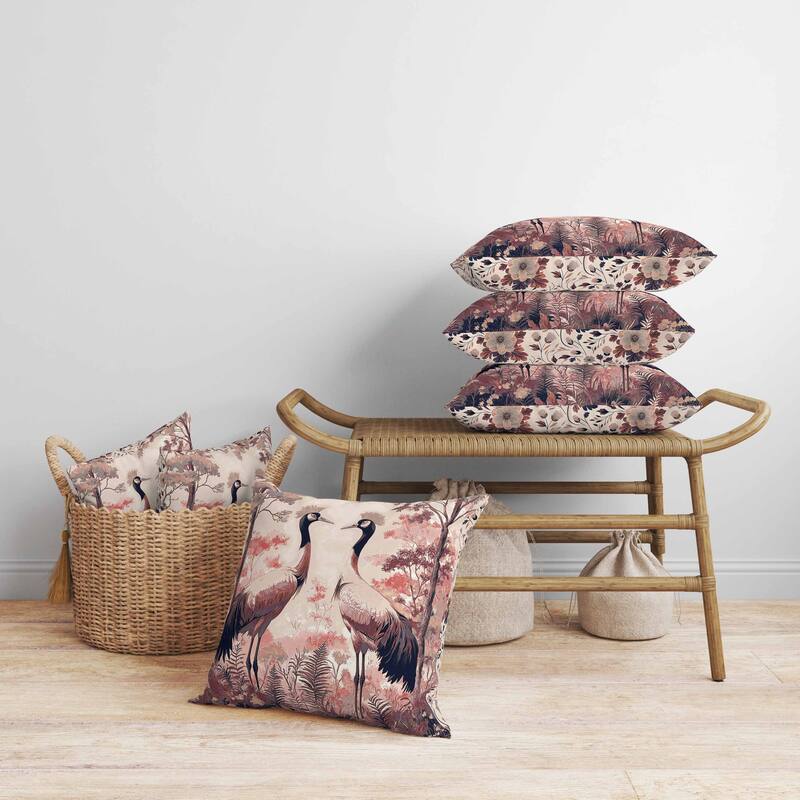Autumnal Cranes Faux Suede Reversible Throw Pillow Pink and Black
