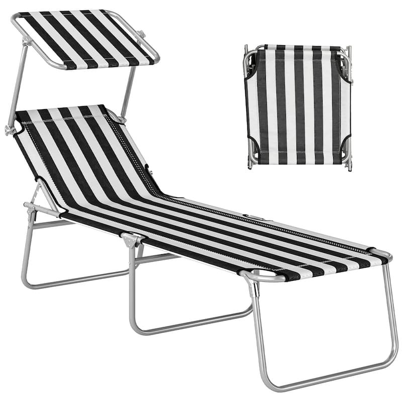 Outsunny Outdoor Lounge Chair, Adjustable Folding Chaise Lounge, Tanning Chair with Sun Shade for Beach, Camping, Hiking