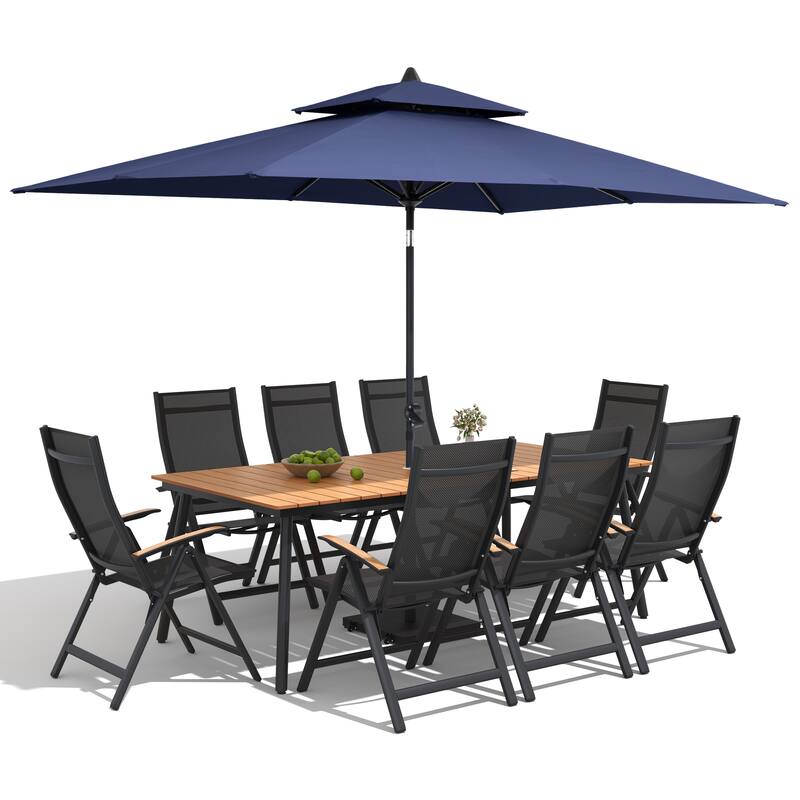 9/11-Piece Outdoor Patio Dining Set Aluminum Dining Table and Folding Chairs w/10 ft Umbrella and Base