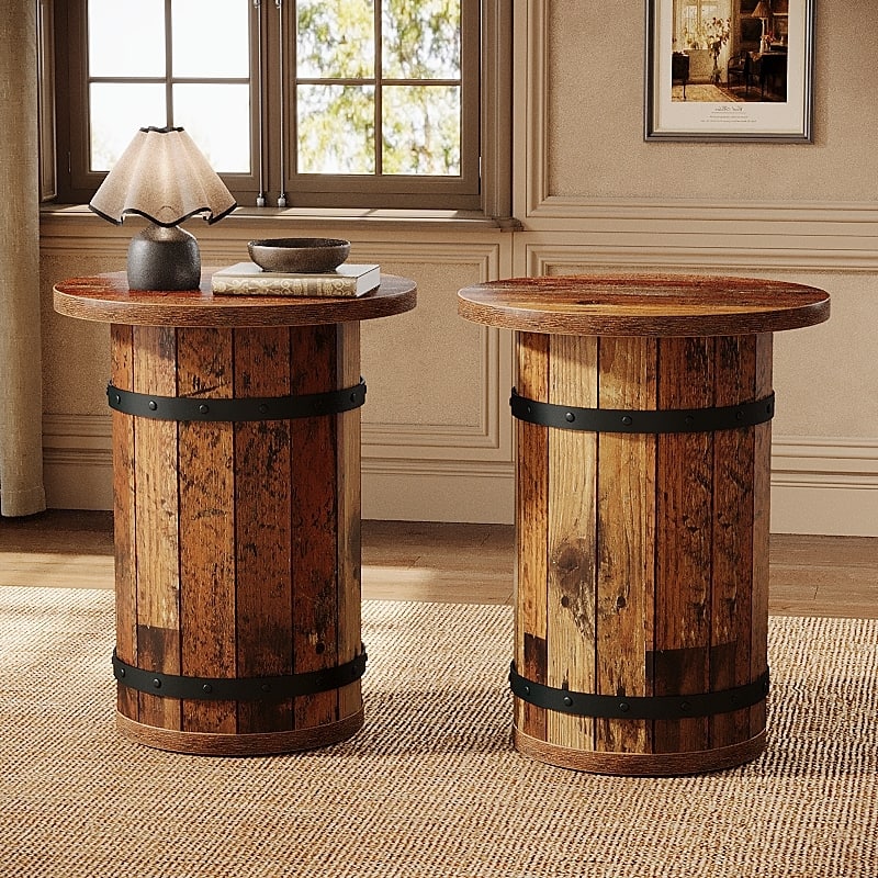 Industrial Side Table with Sturdy Base, Round - Brown - 2-Piece