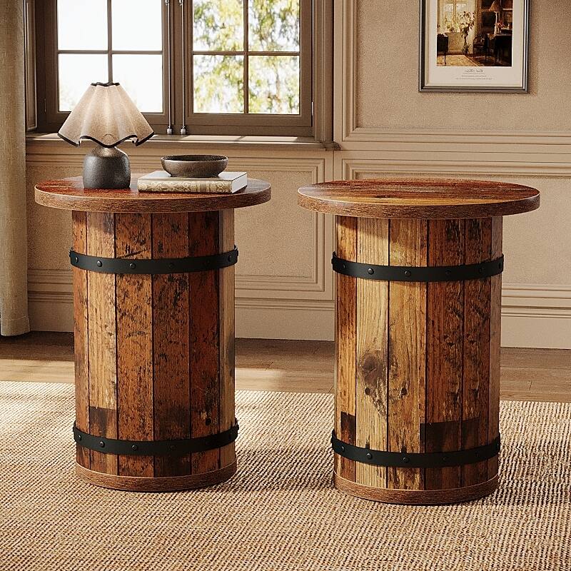 Round Industrial Side Table with Sturdy Base - 2-Piece - Brown