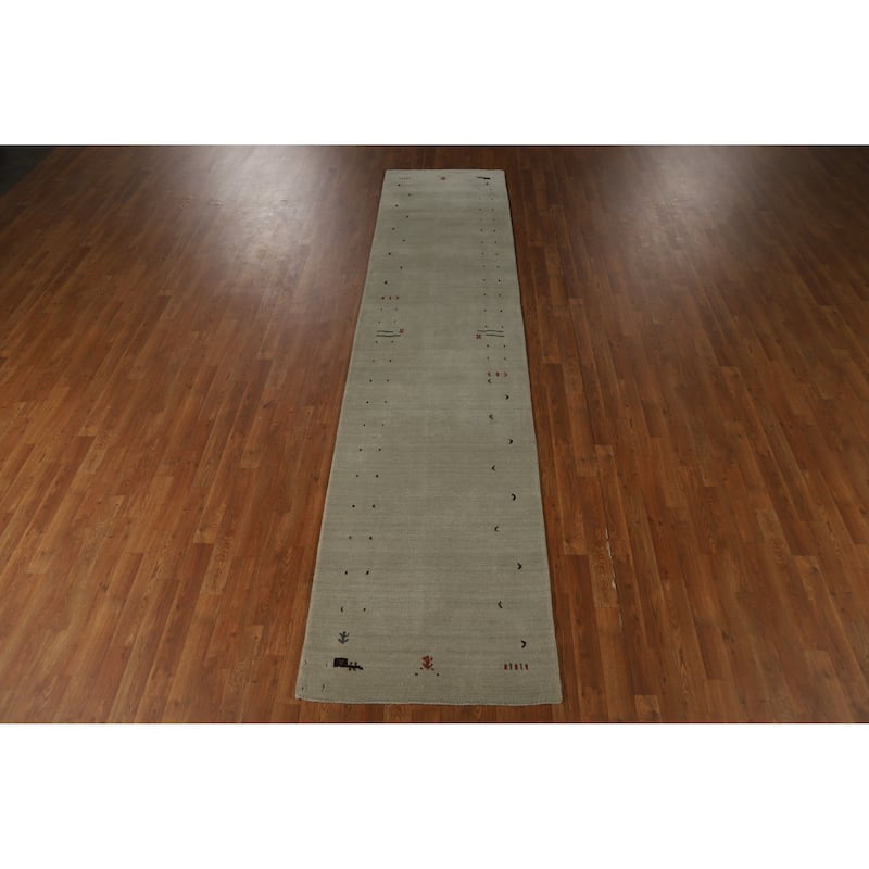 Tribal Gabbeh Indian Runner Rug Hand-Knotted Beige Wool Carpet - 2'8" x 11'5"