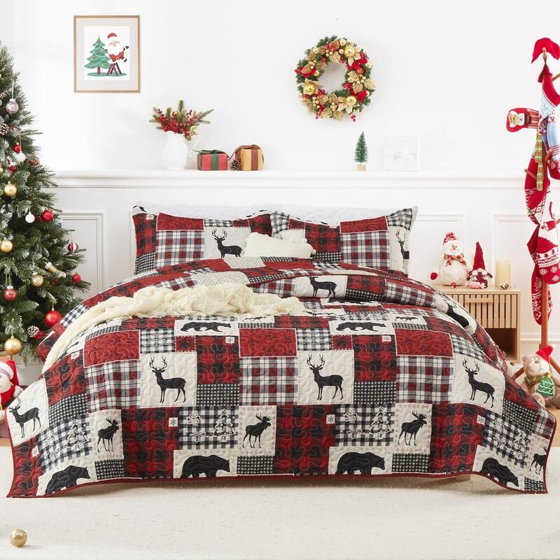 Christmas Soft Quilts Coverlet Bed Set with Pillow Shams, Bedding Set - King