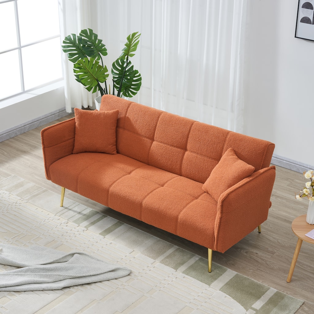 Convertible Sofa Couch Orange Sleeper Sofa with Adjustable Backrest, Velvet Folding Sofa Bed with Wood Frame