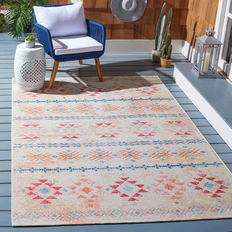 SAFAVIEH Summer Osuma Boho Indoor/ Outdoor Waterproof Patio Backyard Rug - 5'3" x 7'6" - Ivory/Red