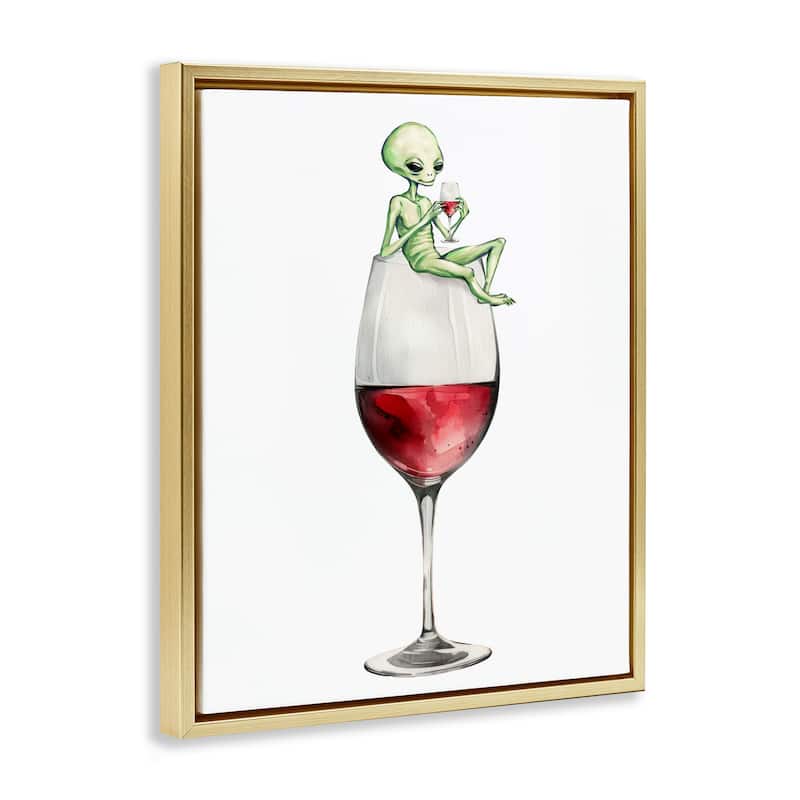 Stupell Alien Perched on Wine Glass Framed Floater Canvas Wall Art Design By Lil' Rue