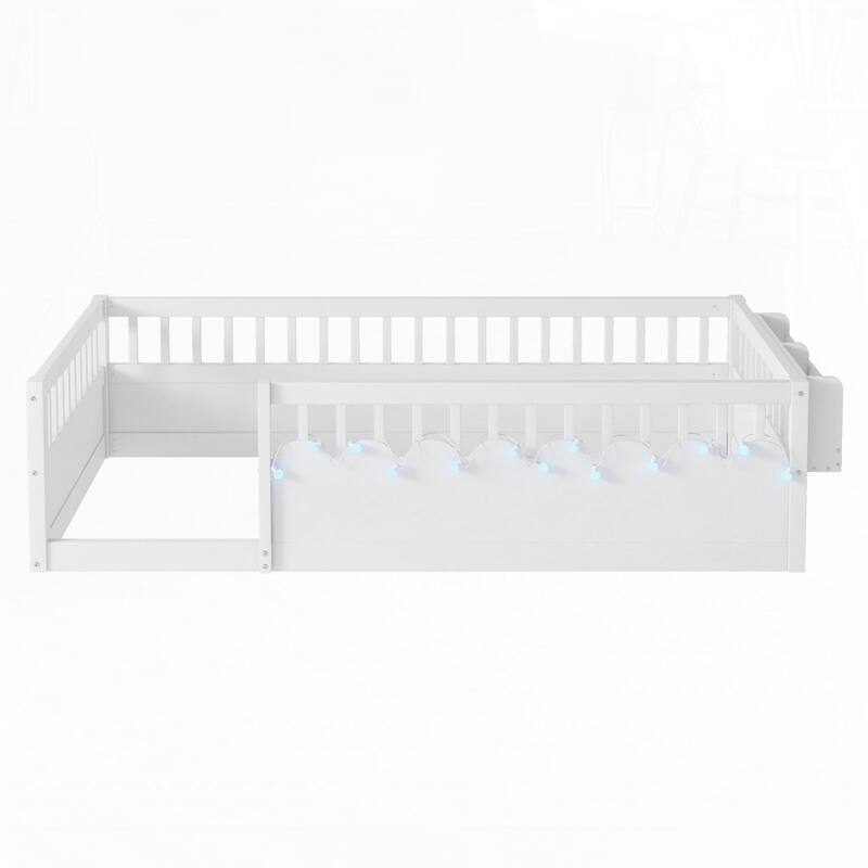 Montessori Floor Bed Frame with with Light and Storage Shelf