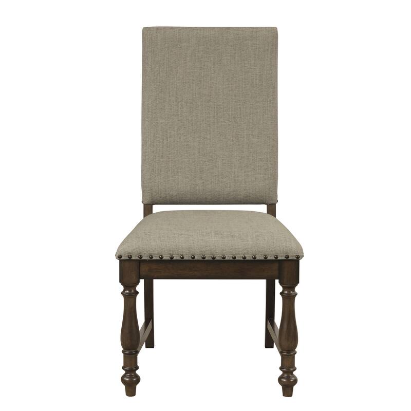 Traditional Classic Brown Dinng Chair Set of 2 Beige Fabric Upholstered Nailhead Trim Wooden Dining Room Furniture