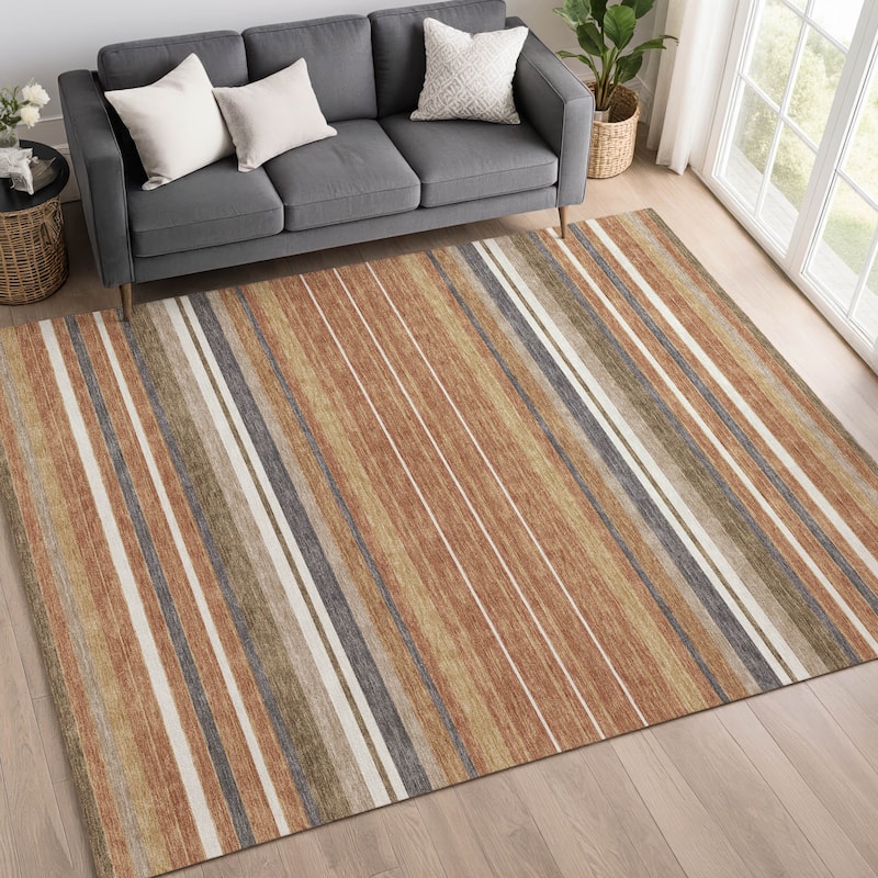 Machine Washable Indoor/ Outdoor Modern Stripes Chantille Rug