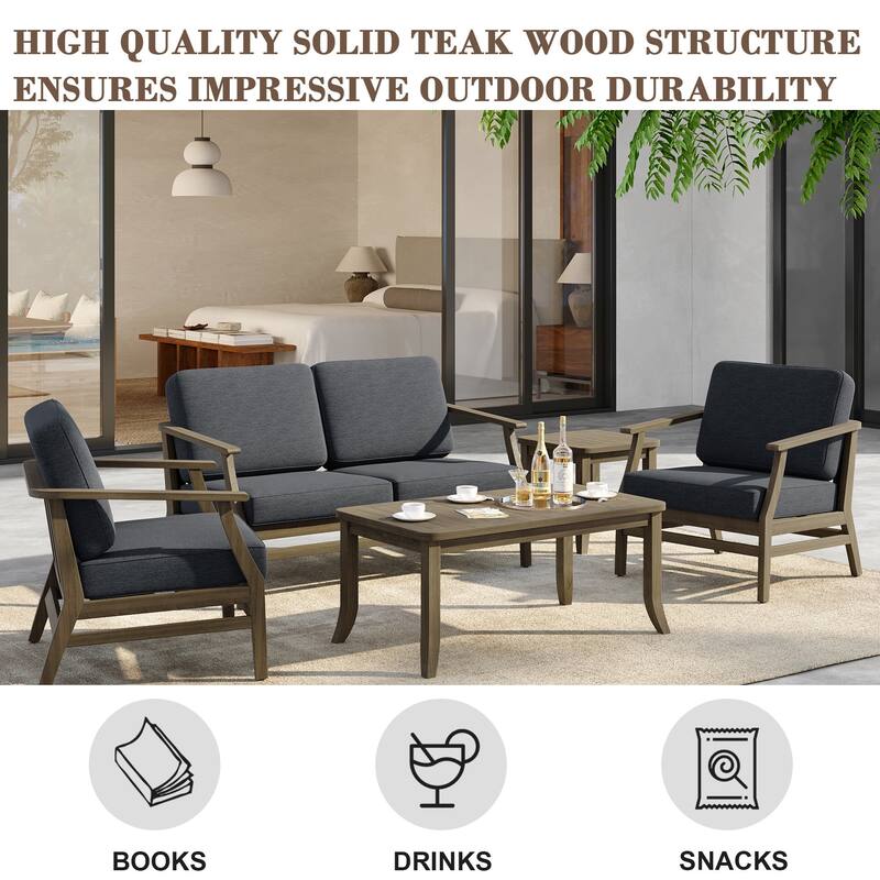 5-Piece Outdoor Teak Wood Patio Conversation Set with Cushions