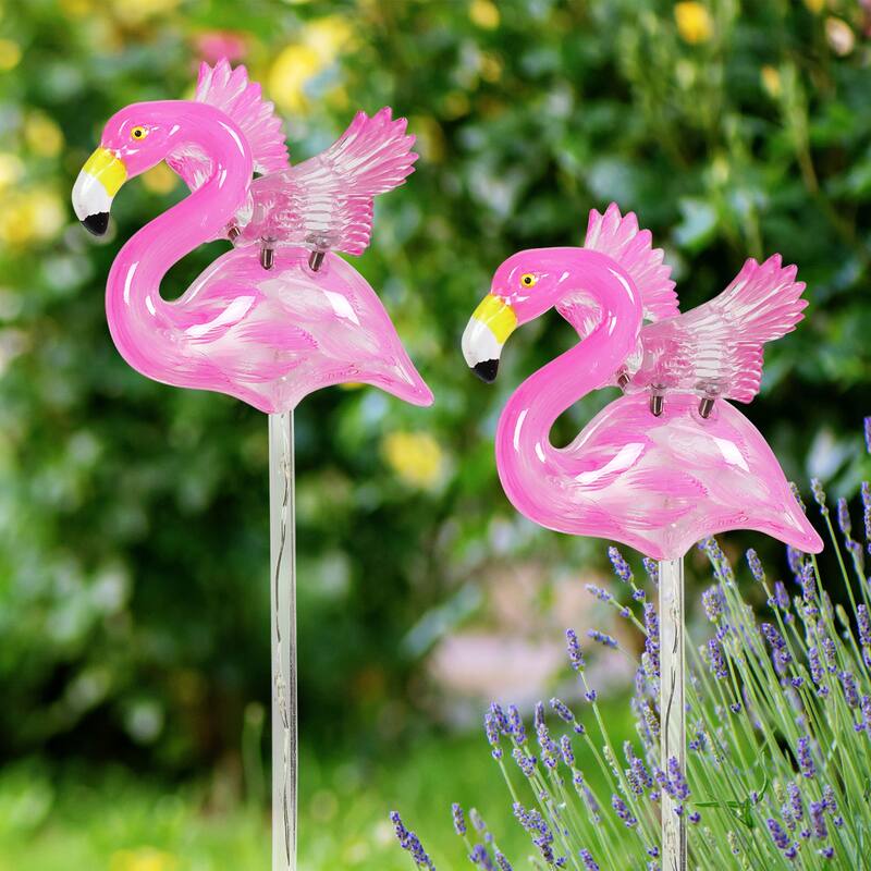 Exhart 2 Piece Solar Pink Flamingo WindyWing Stakes with Pink LED lights, 4.5 by 27.5 Inches