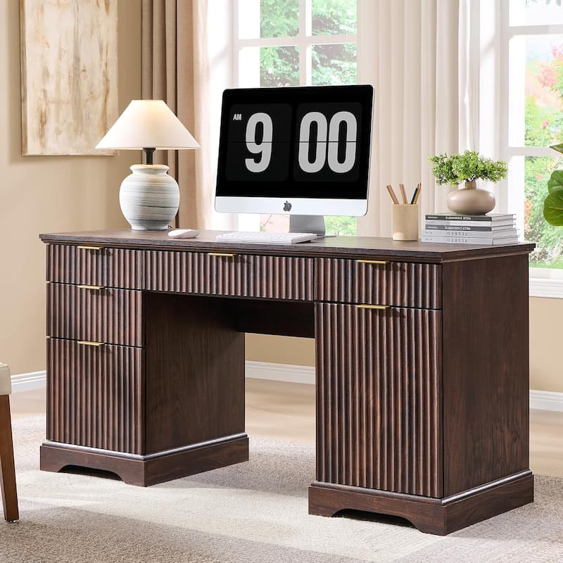 58" Modern Executive Desk with Storage, Wood Home Office Desk - Dark Walnut