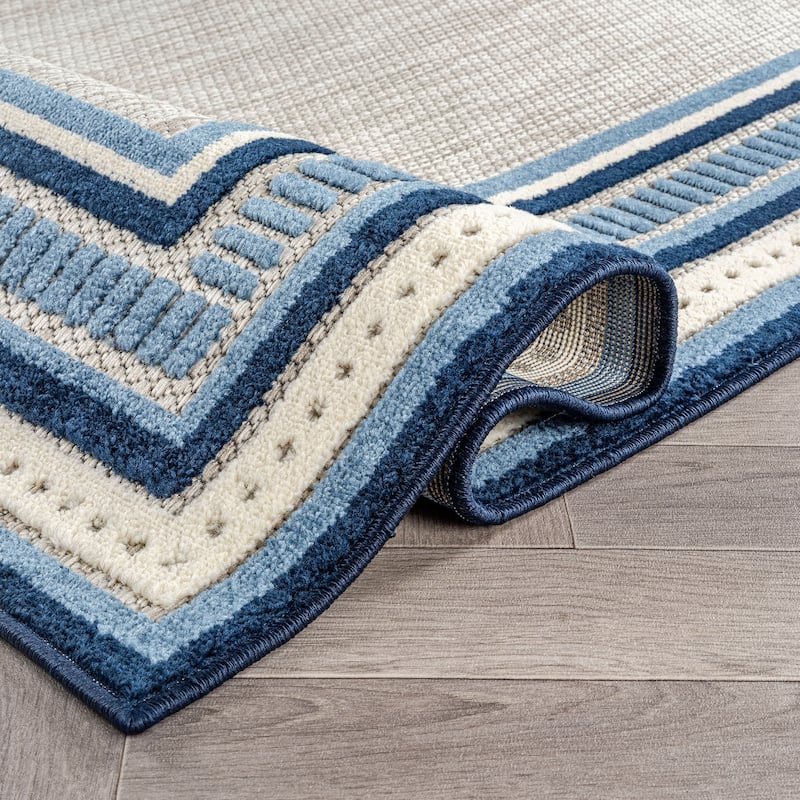 World Rug Gallery Indoor/Outdoor High-Low Textured Area Rug, Coastal Border Easy-Clean Patio Rug