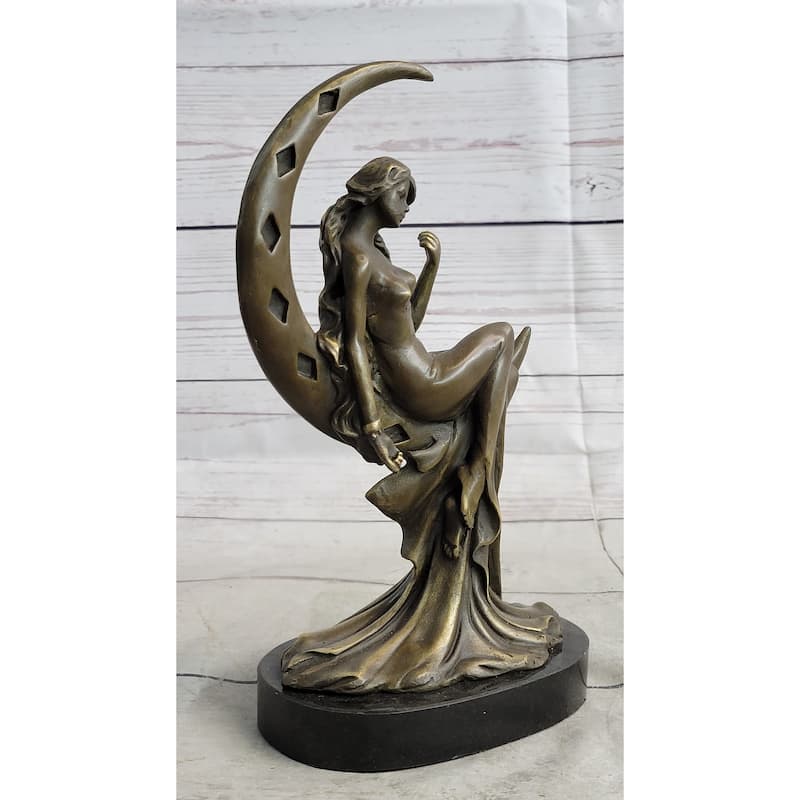 High Life Girl On Moon Bronze Statue Sculpture Figure 9 Inches X 6 Inches