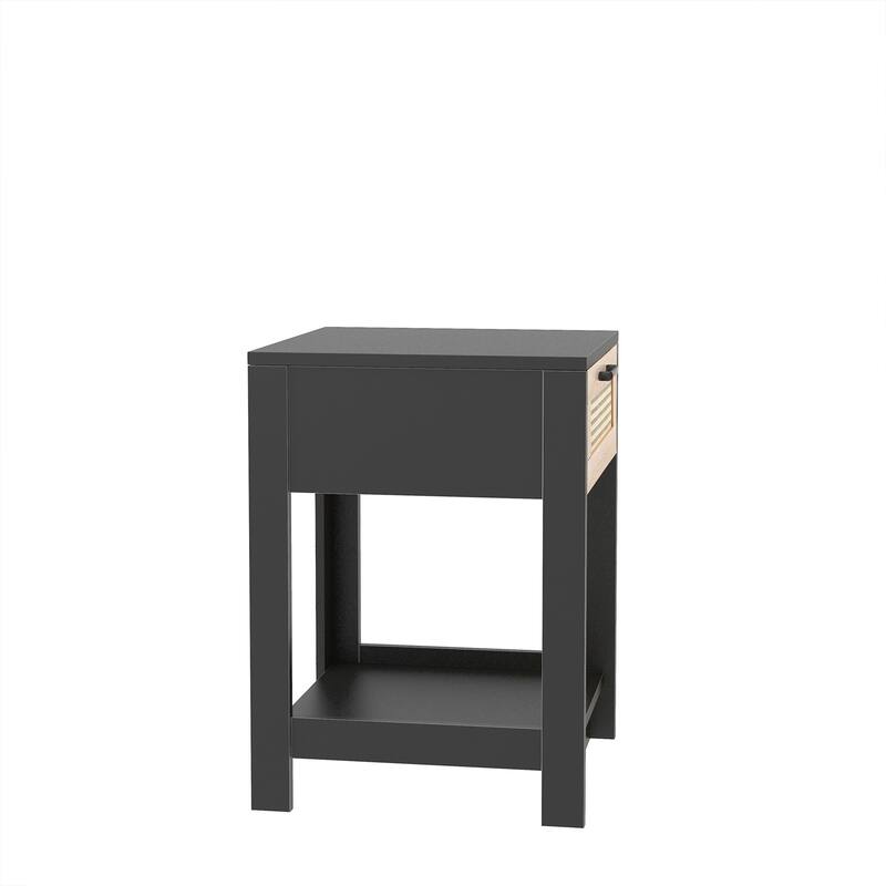 15.75" Rattan End black table with drawer, Modern nightstand, side table for living roon, bedroom,natura
