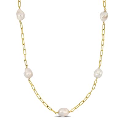 Miadora 12-14mm Cultured Freshwater Coin Pearl Station Chain Necklace in Yellow Silver - 34 in x 13 mm x 7 mm