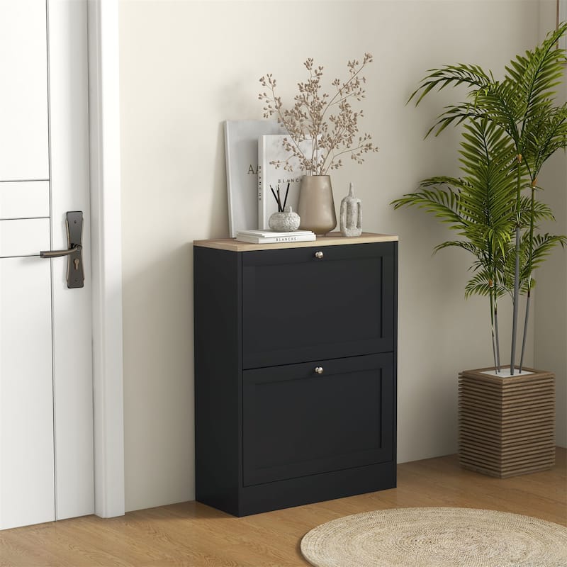 Hidden Shoe Storage Cabinet with 2 Flip Drawers and Adjustable Shelves - Black