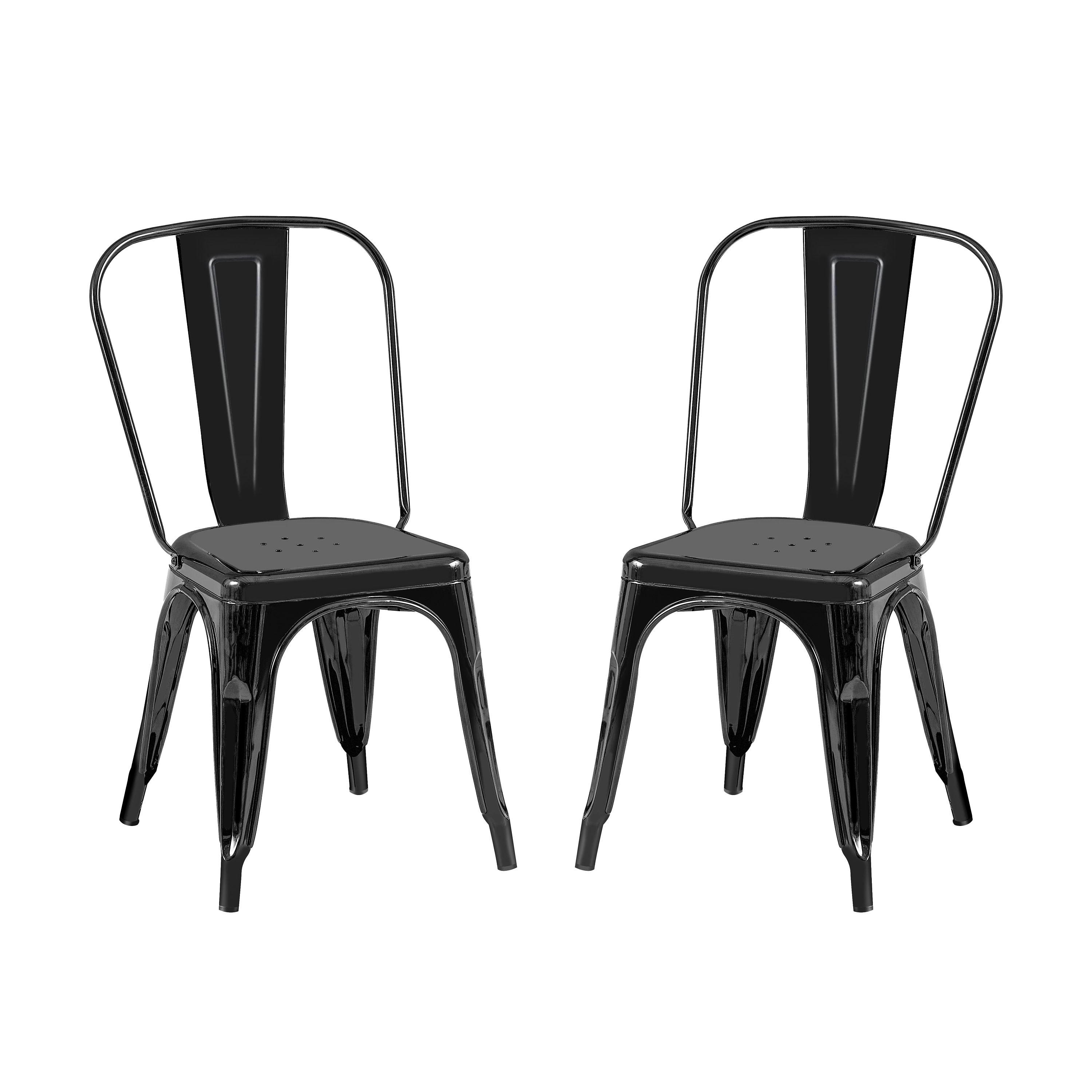 2-Piece Stackable Industrial Dining Chair Set - High Gloss Black, 18 Inch Seat Height