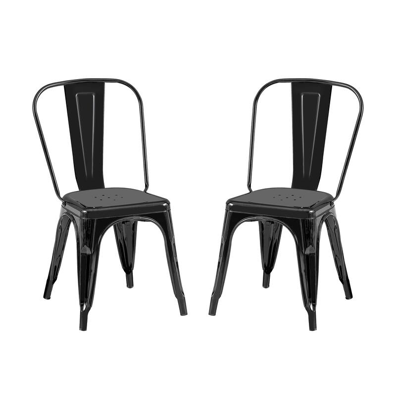 2-Piece Stackable Industrial Dining Chair Set - High Gloss Black, 18 Inch Seat Height