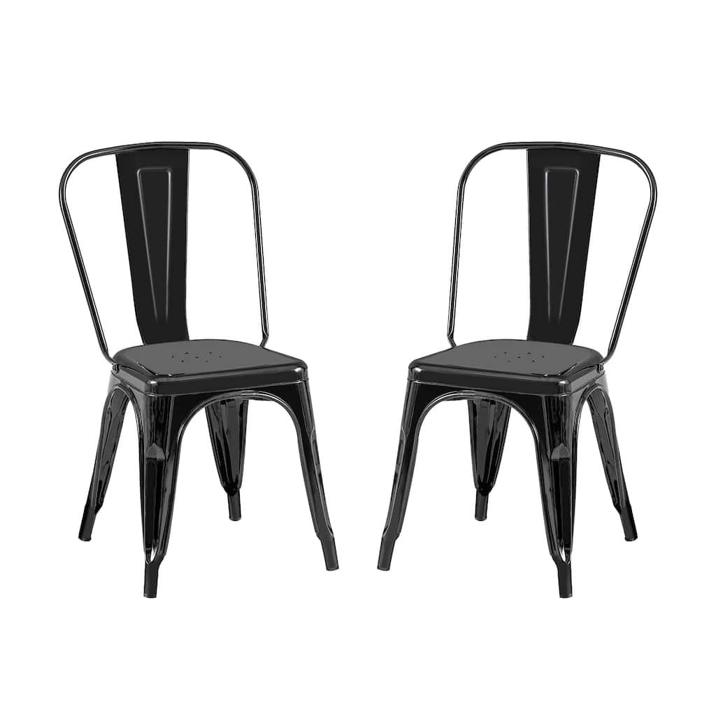 2-Piece Stackable Industrial Dining Chair Set - High Gloss Black, 18 Inch Seat Height