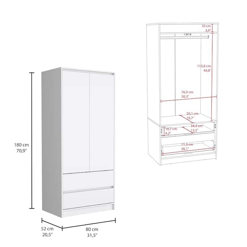 Stylish Wardrobe Closet Armoire with Double Doors for Bedroom, 2 Drawers, and Hanging Rod - Space-Saving Design