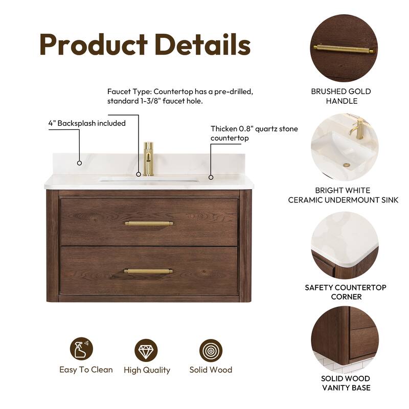 Cristo Floating Bath Vanity with White Quartz Stone Top without Mirror