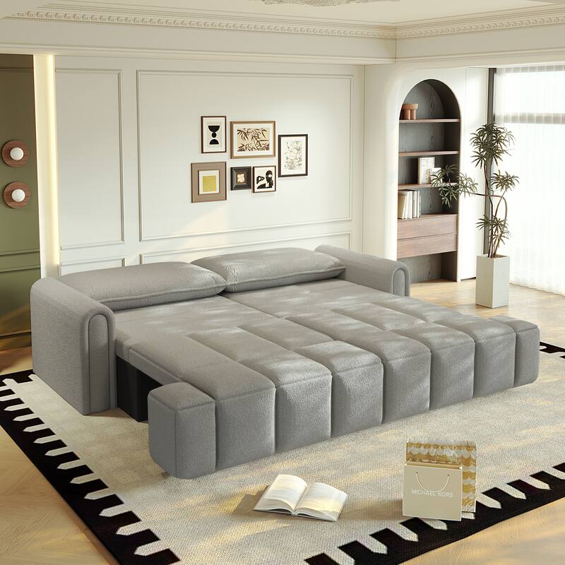 90.2 Inch King 3-in-1 Sleeper Sofa with Seat Storage, Modern 4-Seater Convertible Teddy Fabric Couch - Grey