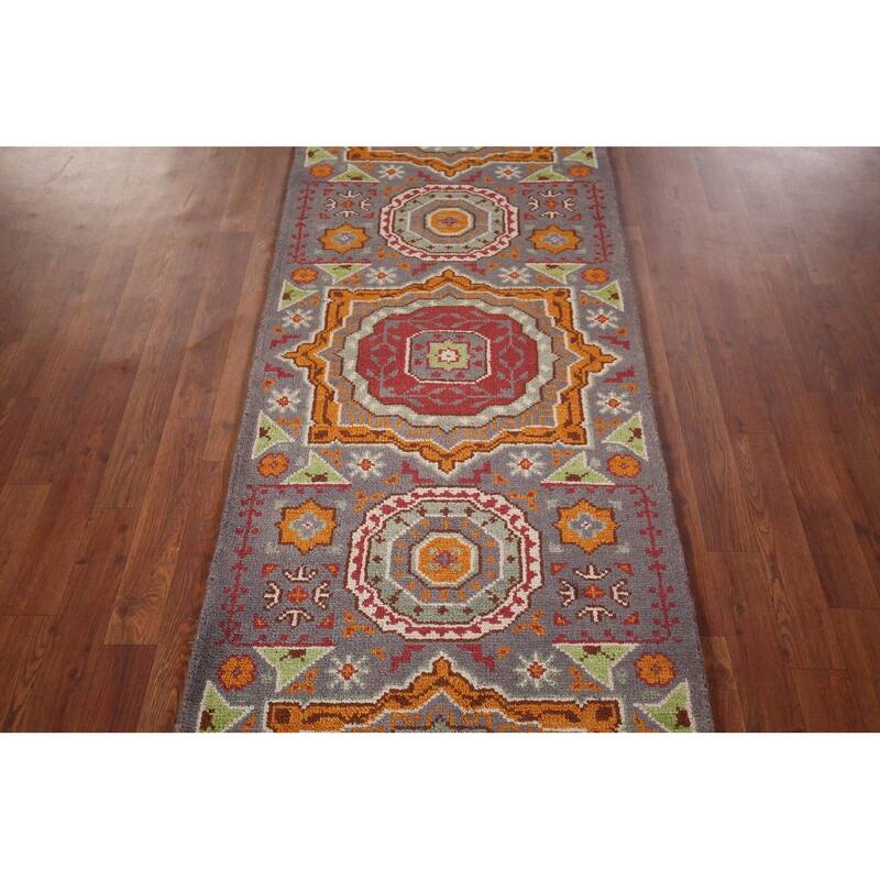 Geometric Kazak Oriental Runner Rug Handmade Wool Carpet - 2'6" X 7'11"