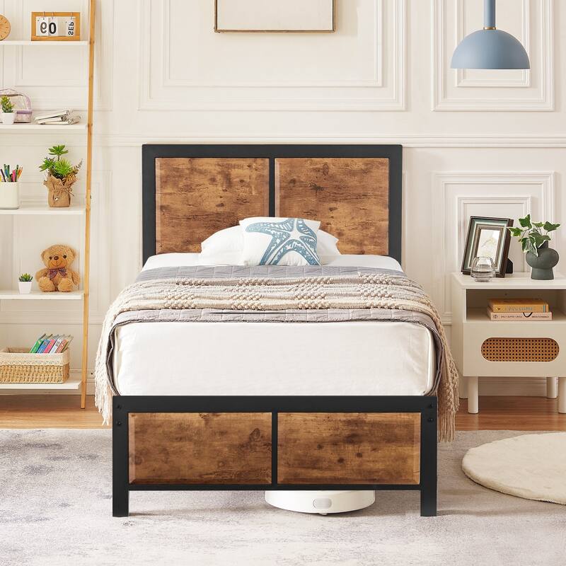 Javlergo Industrial Platform Bed Frame with Wood Headboard and Footboard