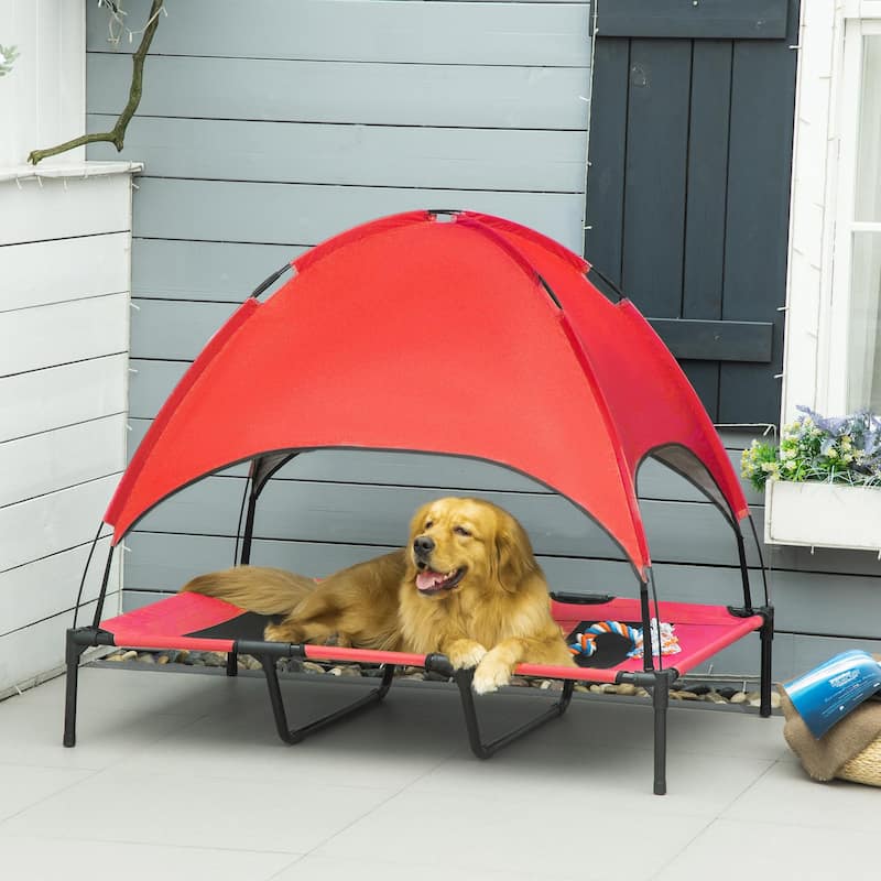 PawHut 48" x 36" Elevated Dog Cot Cooling Pet Bed With UV Protection Canopy Shade