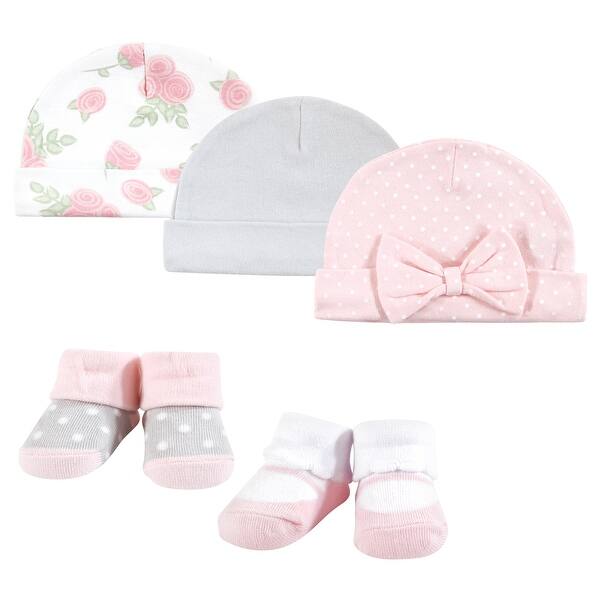 slide 1 of 1, Hudson Baby Infant Girl Cap and Socks Set, Pink Rose, 0-9 Months - Pink Rose Pink Rose - 0-9 Months