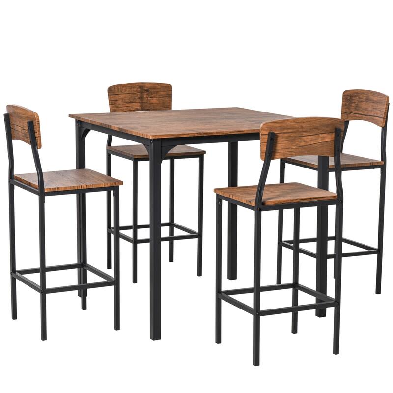 Industrial 5-Piece Bar Table Set with Pub Table and 4 Bar Stools, Walnut Bistro Table Set with Steel Legs