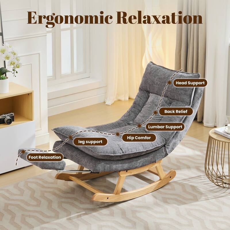 Fabric Upholstered Rocking Chair with Solid Wood Base and Hidden Footrest – Ergonomic Dual-Cushion Design