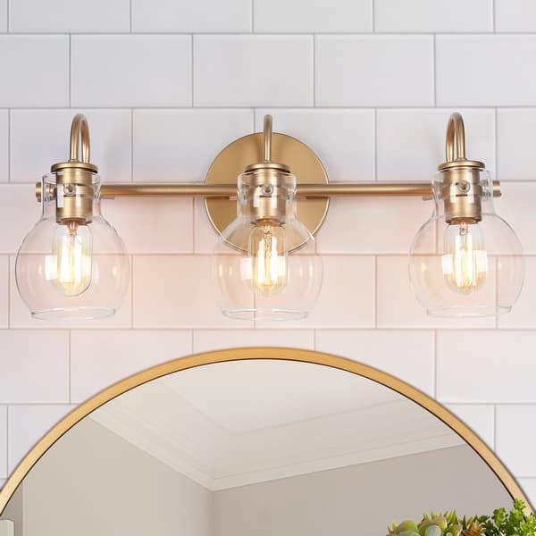 slide 2 of 11, Bela Modern Gold 3-Light Bathroom Vanity Light Globe Glass Wall Sconces - L22"x W7"x H9"