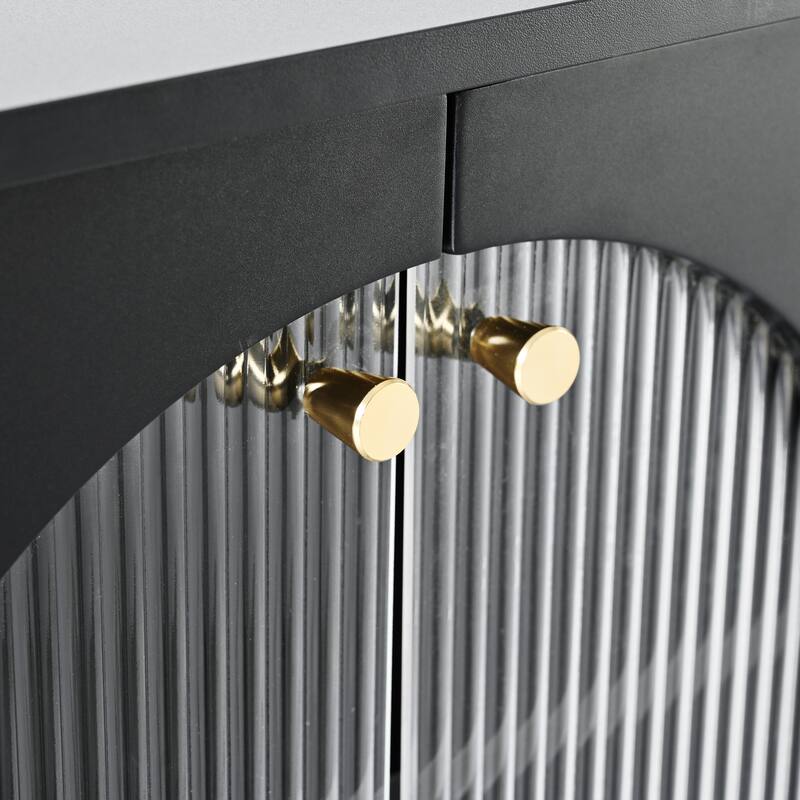 Stylish Media Console with Gold Handles and Arch Fluted Glass Doors