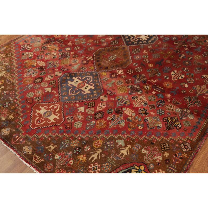 Hand Knotted Oriental 100% Wool Carpet Traditional Tribal Red Shiraz Area Rug - 8' 10'' X 5' 10''