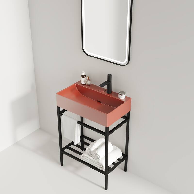 24" LOFI Freestanding Bathroom Vanity with Glossy Red Rectangular Ceramic Basin, Storage Shelves, Open Metal Leg Design