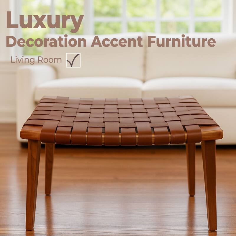 Genuine Leather Rene Stool Bench with Ash Wood Frame Seating