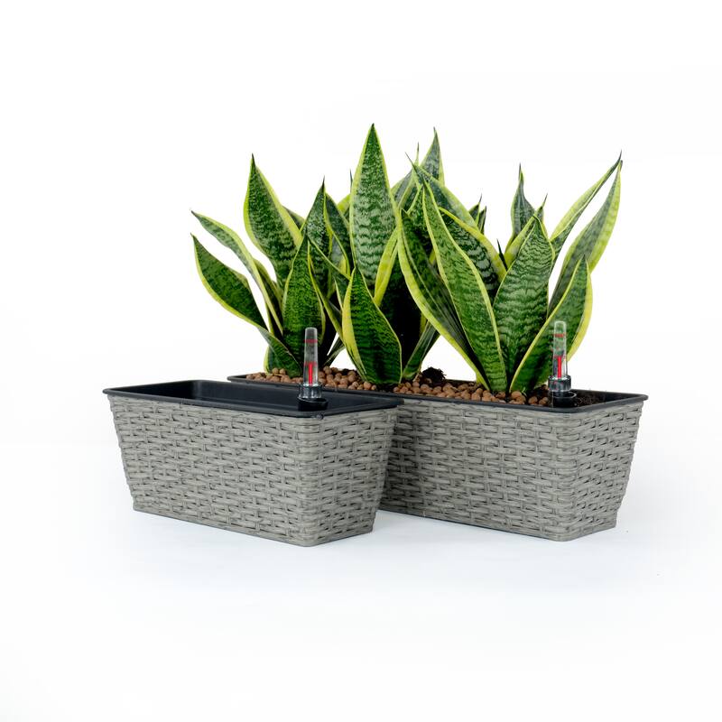 GDFStudio - Farmhouse 2-Piece Indoor/Outdoor Wicker Smart Self-Watering Rectangular Planter Pots with Water Level Indicator - Gray