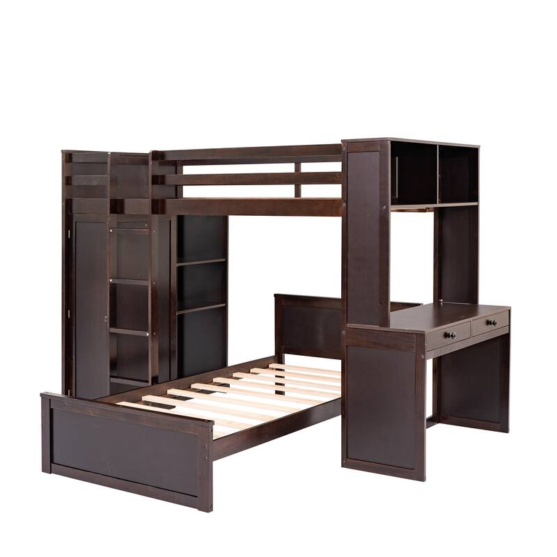 Space-Saving Twin Loft Bed with Desk, Wardrobe, and Additional Bed