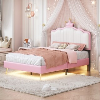 Twin size Upholstered Princess Bed With Crown Headboard,with Headboard and Footboard with Light Strips,White+Pink