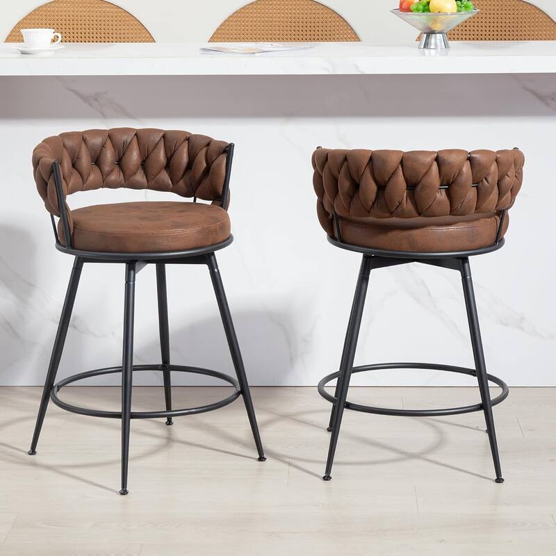 XINMICS 360° Swivel Bar Stools, 24 Inches Modern Counter Height Bar Stools with Woven Back, Upholstered Suede Tall Barstools