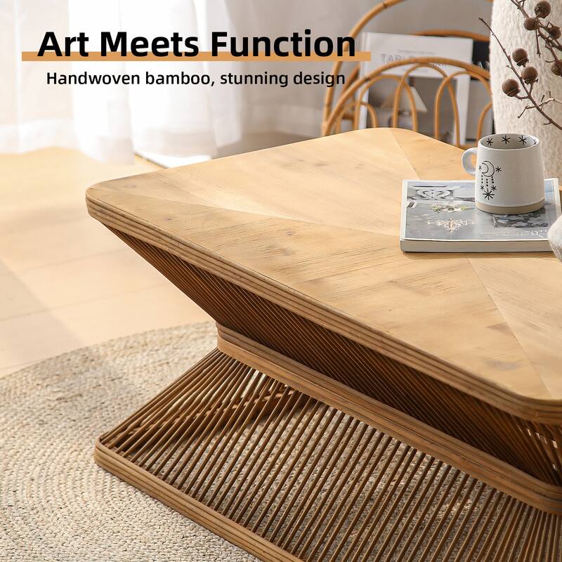 Mid-Century Modern Coffee Table, Rectangular Wood Accent Table with Woven Bamboo Base, Rustic Boho Low Profile Cocktail Table
