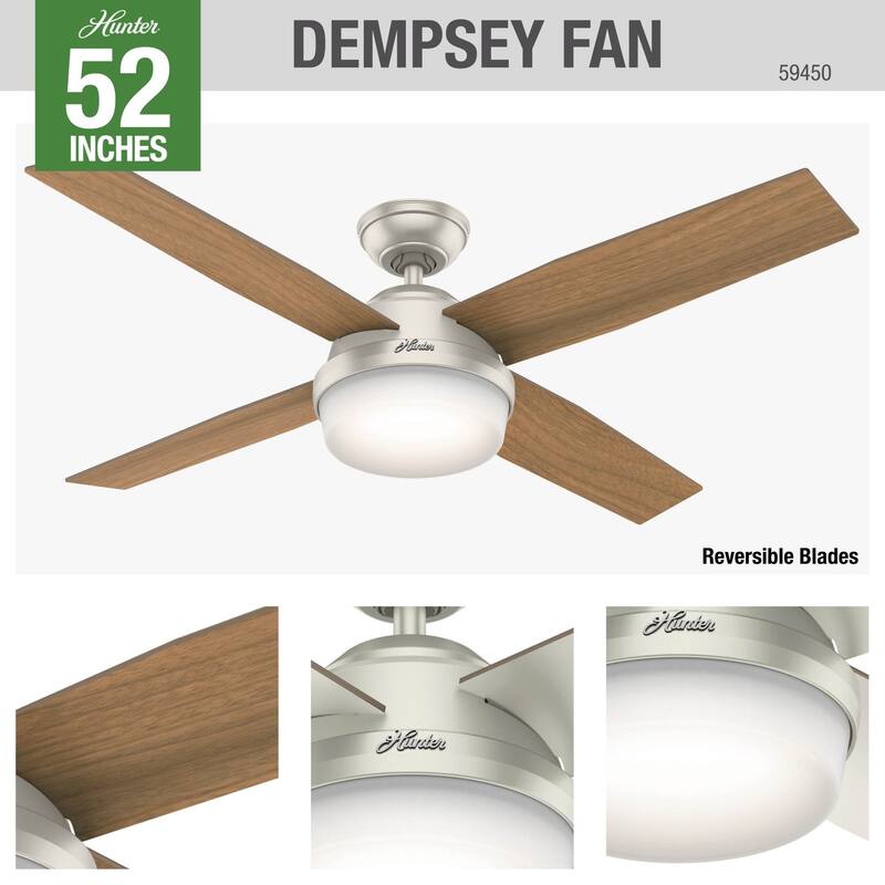 Hunter Fan Dempsey Collection Matte Black Metal and Glass Ceiling Fan with 4 Reversible Blackened Oak/Dark Walnut Blades
