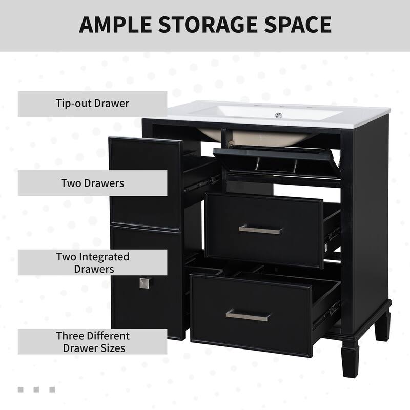 30" Bathroom Vanity with Ceramic Sink - Flip-Out Drawer for Plumbing, Soft-Close Doors - MDF Cabinet with Solid Wood Legs