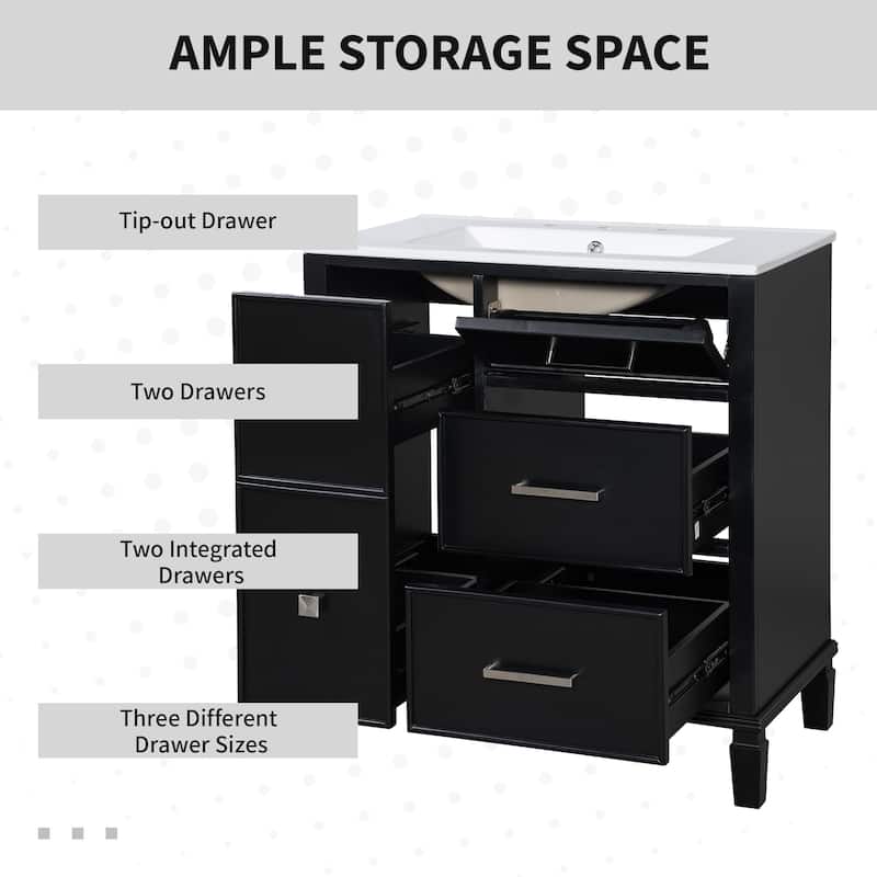 Classic 30-Inch Bathroom Vanity Set‌ - White Painted MDF Cabinet with Ceramic Sink & Flip-Out Plumbing Drawer.