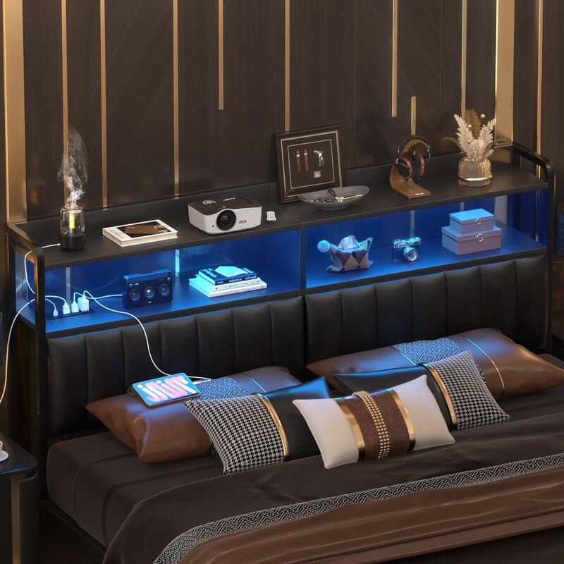 Upholstered Headboards with Charge Station and LED Light, Height Adjustable Head Board with Storage - Queen