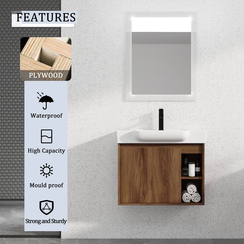 28'' Wall-Mounted Bathroom Vanity with White Ceramic Sink & Soft-Close Door, KD-Packing